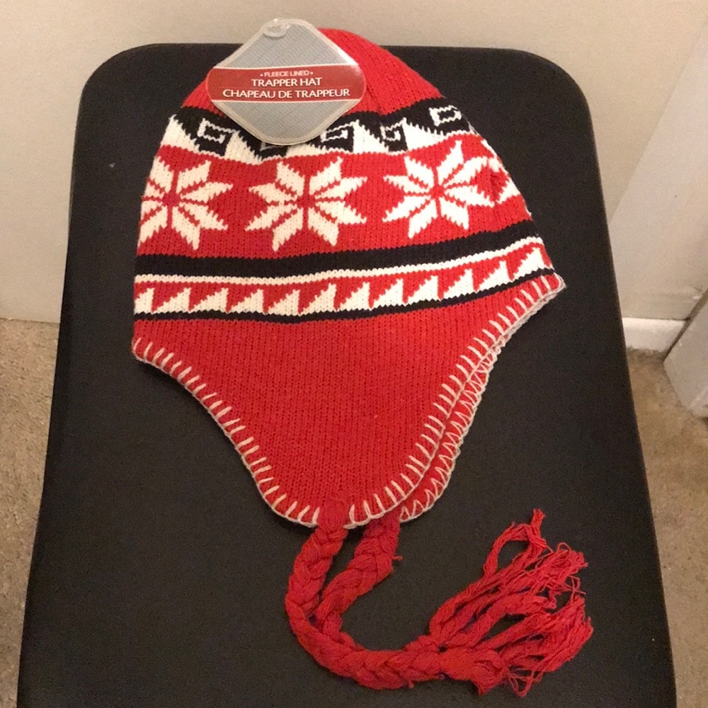 Red and White Boys Holiday Snowflake Trapper Hat